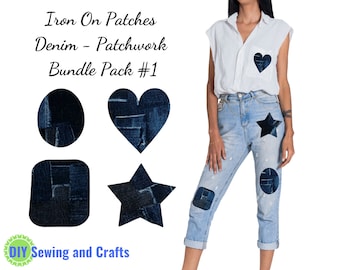 DIY Repair Adhesive Iron On Patches, Knee & Elbow Bundle Pack Patches For Kids And Adults Jeans, Indigo Denim Blue Patchwork Print Fabric