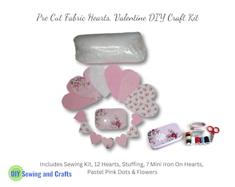 Pre Cut Fabric Hearts, Valentine DIY Craft Kit, Includes Sewing Kit, 12 Hearts, Stuffing, 7 Mini Iron On Hearts, Pastel Pink Dots & Flowers