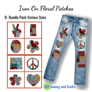 May include: A set of eight iron-on floral patches in various shapes and sizes. The patches feature a patchwork design with red, yellow, blue, and green floral patterns. The patches are shown on a pair of blue jeans. The text "Iron On Floral Patches" and "8-Bundle Pack Various Sizes" is displayed above the image. The text "DIY Sewing and Crafts" is displayed below the image.