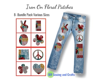 Iron On Patchwork Patches, Floral Boho Hippie, DIY Craft Kit 8 Bundle Pack, Peace Sign, Flowers, Heart, Shapes Patch Pants, Shirts, Skirts