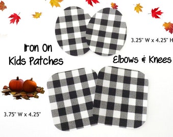 DIY Craft Kit, Iron On Patch Set, Black and White Buffalo Check Plaid Fabric, Knee & Elbow Patches For Kids Pants and Shirts,