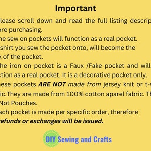Matching Pocket Shirts, Mommy & Me, DIY Craft Kit For Adults, Iron Or Sew On Navy Blue Fabric Patch Pockets for Adults and Kids Tee Shirts image 2