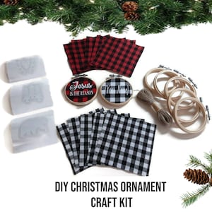 Personalized Ornament, Woodland Themed Christmas Tree, DIY Craft Kit, Embroidery Hoop, HTV, Red/Black or White/Black Buffalo Check Plaid