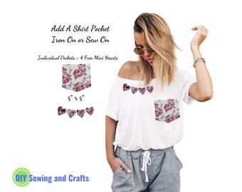 Add On Patch Pockets, Shabby Chic Pastel Pink Floral Pockets for T Shirts or Blouses, Sew or Iron On, DIY Sewing and Crafts Kit For Adults