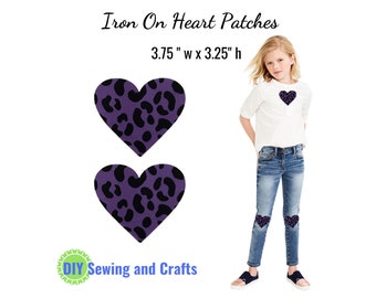 Purple Cheetah Print Patches, Iron-On Fabric Hearts for Pants, Shirts or DIY Craft Kit For Adults, Valentines Applique Bundle Pack