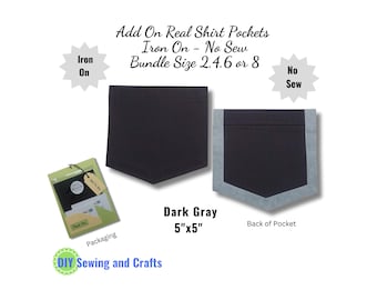 Iron On - No Sew Pocket Bundle Packs for Shirts, Dark Gray Cotton Fabric