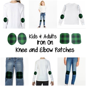 May include: Kids and Adults Iron On Knee and Elbow Patches.  Two green and black plaid patches are shown on a white long-sleeved shirt and a pair of blue jeans.