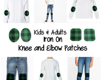 Iron On Patch Set, Knee & Elbow Patches For Kids and Adults Pants and Shirts, Green and Black Buffalo Check Plaid Fabric, DIY Craft Kit