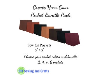 Sew On Patch Pockets, Bundle Packs, Earth Tone Fabric Colors, Pre-made for TShirts, Dress Shirts & Blouses, DIY Sewing Craft Kit For Adults