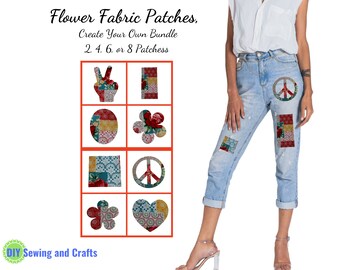 Iron On Fabric Patches, No Sew Boho Hippie Flower Patchwork, DIY Craft Kit, Create You Own Bundle Pack, Peace Sign, Flowers, Hearts & Shapes