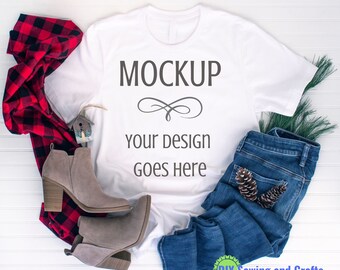 Flat Lay Tshirt Mockup, Christmas Winter Style Stock Photo, JPEG Digital Download Mockup for Your Sublimation, Appliques, HTV & POD Listings