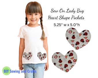 Sew On Kids Pockets, Heart Shape Lady Bug fabric, DIY Valentine Craft Kit, Add On Patch Pockets to Skirts, Dresses, Pants, Aprons, Jackets