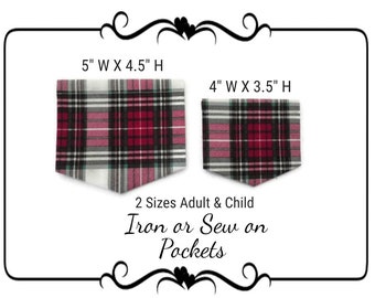 Add On Pockets, Christmas Plaid Fabric, DIY Craft Kit, Iron Or Sew On Pockets For Adults and Kids Matching Pocketed TShirts, By DIY Sewing