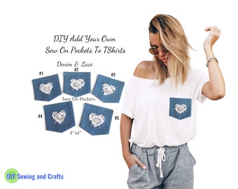 Sew On Pockets, Decorative Patch, Bohemian Shabby Chic, Indigo Denim & Lace w/ Mother of Pearl Button, DIY Women's Pocketed TShirt or Blouse