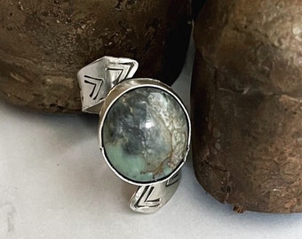 Damele Turquoise Sterling Silver stamped ring, one of a kind silversmith ring