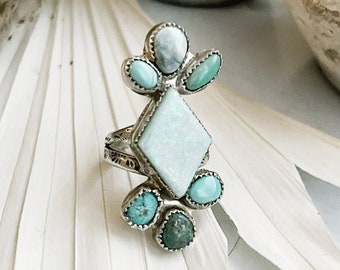 Opal and turquoise statement ring, large Opal gemstone ring, sterling silver turquoise and Opal ring