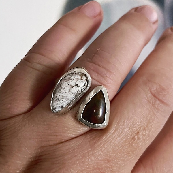 Size 7.5 Split band gemstone ring, plume agate ring, rainbow petrified wood ring