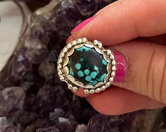 Size 5 Hubei turquoise ring, Round turquoise ring, cowgirl jewelry, sterling silver southwestern ring