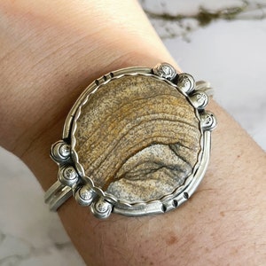 Picture Jasper cuff bracelet stamped sterling silver jasper bracelet one of a kind artisan handcrafted cuff, rustic western style jewelry