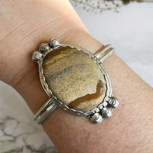 Picture Jasper cuff bracelet stamped sterling silver jasper bracelet unique gift for her, artisan handcrafted jewelry, silversmith bracelet