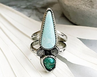 Size 8.5 Opal and turquoise ring, opal statement ring, split band stamped ring, one of a kind unique gift for her, artisan handcrafted ring