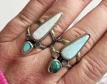 Size 8.5 Opal and turquoise ring, opal statement ring, split band stamped ring, one of a kind unique gift for her, artisan handcrafted ring