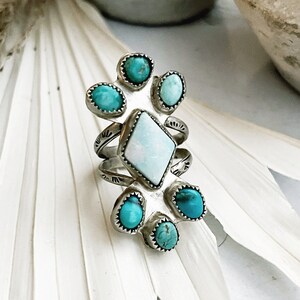 Opal and turquoise statement ring, large Opal gemstone ring, sterling silver turquoise and Opal ring 9 1/2 US