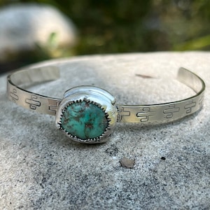 New lander turquoise cuff bracelet sterling silver hand stamped bracelet stamped cuff bangle turquoise cactus cuff
