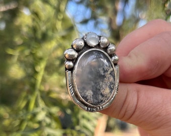 Size 9 Moss Agate Gemstone Ring, dark academia ring, handcrafted artisan ring, handmade sterling silver bohemian jewelry unique gift for her