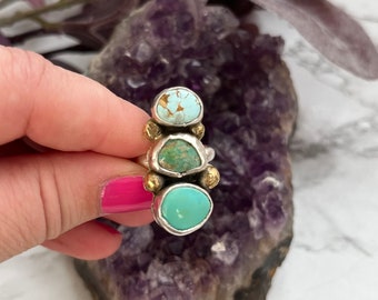 Size 7.5 Triple Stone Turquoise Ring, Golden Hills, White Water, and Royston turquoise with sterling silver band and brass accents