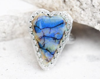 Monarch opal heart ring size 7, blue opal ring sterling silver, monarch opal jewelry, Crystal Opal, love core jewelry, artisan handcrafted