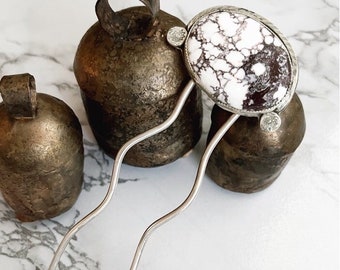 Forchetta per capelli in magnesite di cavallo selvaggio, pettine per capelli in argento sterling per capelli lunghi, supporto per chignon per capelli spessi