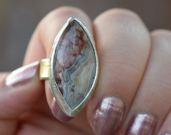 Tamaño 9 Anillo de paisaje de encaje de ágata loca, anillo de piedras preciosas de latón y plata de ley hecho a mano, anillo de declaración grande, regalo de aventura boho