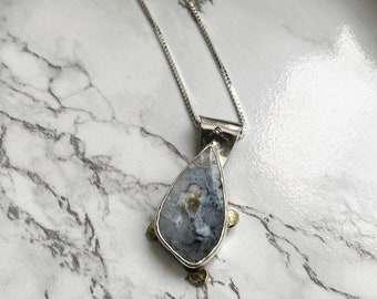 Sevilla Necklace, Dendritic Agate in Sterling Silver and Brass, 18 inch box chain