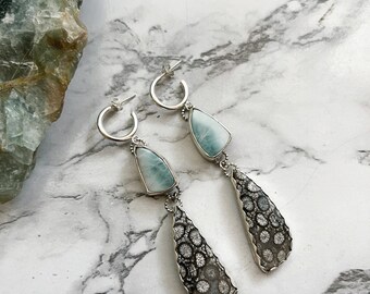 Larimar and coral earrings long silver stone earrings multistory silver earrings fossilized coral earrings beach earrings long