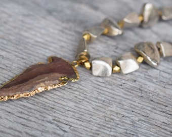 Pyrite necklace, arrowhead necklace, pyrite gemstone necklace, silver statement necklace, Vitality Necklace