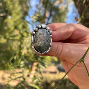 Size 8 Moss Agate Gemstone Ring, Inspired by Nature, Handmade sterling silver ring, unique gift for her, one of a king ring, boho chic ring image 1