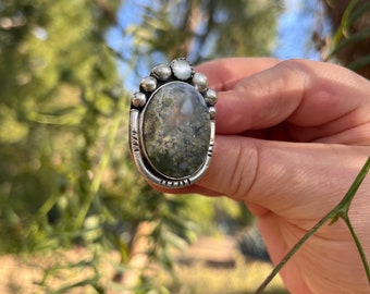 Size 8 Moss Agate Gemstone Ring, Inspired by Nature, Handmade sterling silver ring, unique gift for her, one of a king ring, boho chic ring