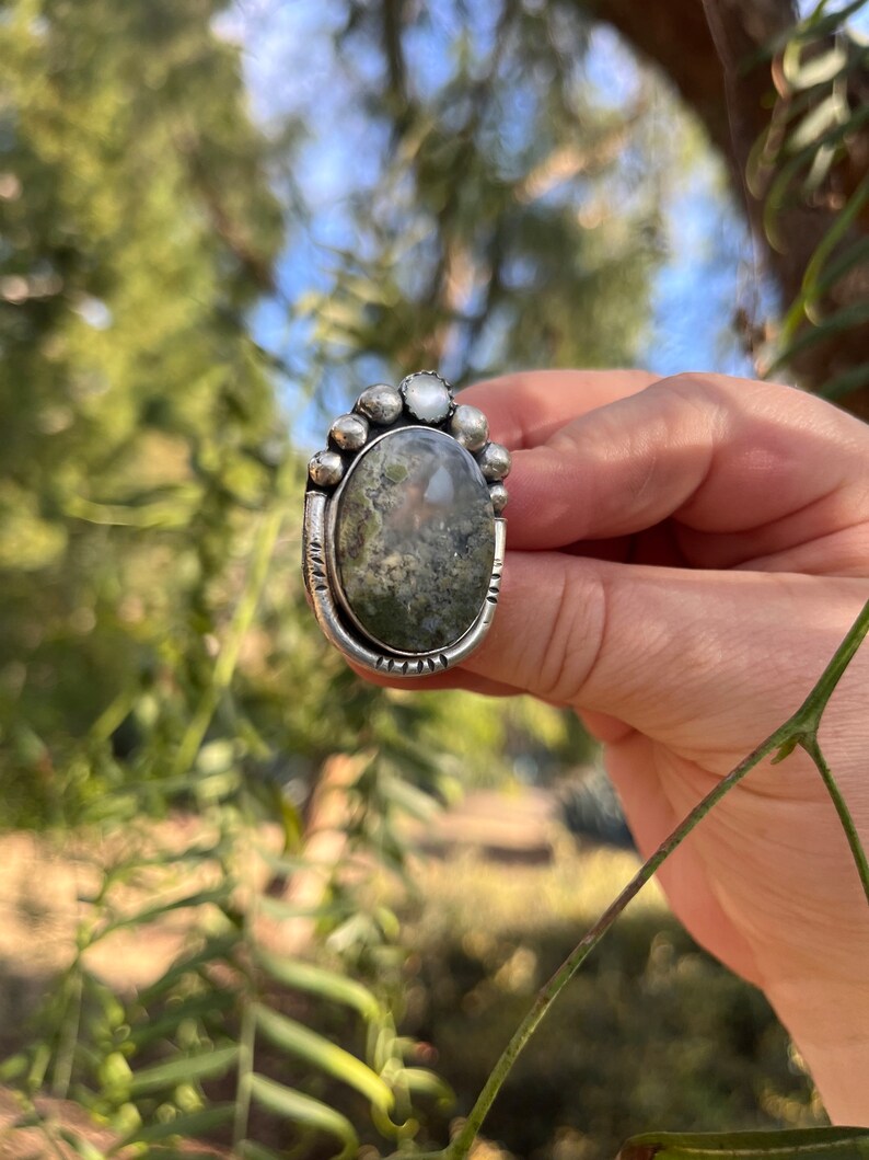 Size 8 Moss Agate Gemstone Ring, Inspired by Nature, Handmade sterling silver ring, unique gift for her, one of a king ring, boho chic ring image 1