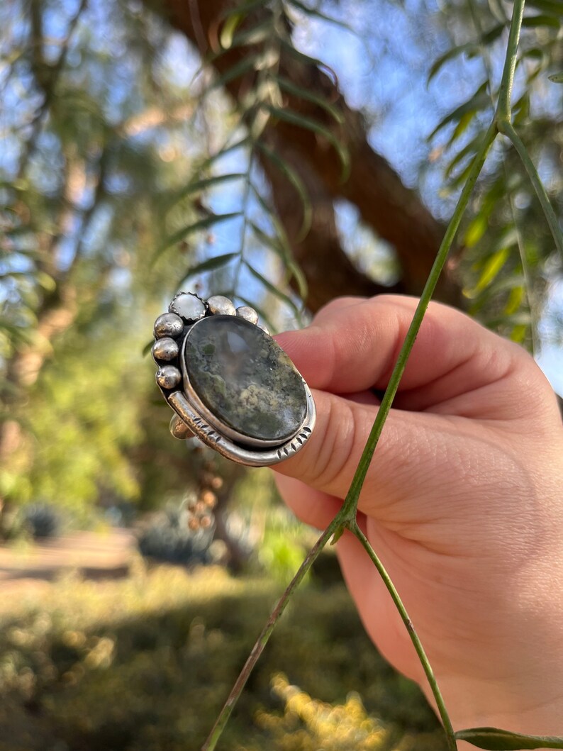 Size 8 Moss Agate Gemstone Ring, Inspired by Nature, Handmade sterling silver ring, unique gift for her, one of a king ring, boho chic ring image 5