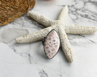 Anello Larimar rosa argento taglia 7.5, anello in argento sterling, gioielli da spiaggia, anello stella marina, anello boho in argento