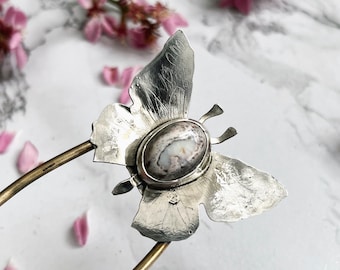 Cantera Opal Butterfly Hair Fork for long thick hair, 5 inch brass and sterling silver mystical hair pin, ethereal aesthetic