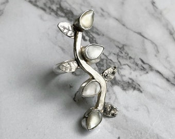 Anillo de vid tamaño 8, anillo de nácar de plata de primera ley, joyería inspirada en la naturaleza, anillo artesanal, regalos únicos para ella