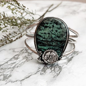 Turquoise jasper cuff bracelet sterling silver cactus bracelet prickly pear cactus cuff huge statement cuff