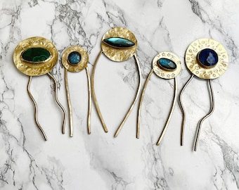 Forchette per capelli in pietra preziosa in ottone martellato per capelli lunghi o corti, accessorio per capelli celesti, porta panino in ottone stampato con labradorite