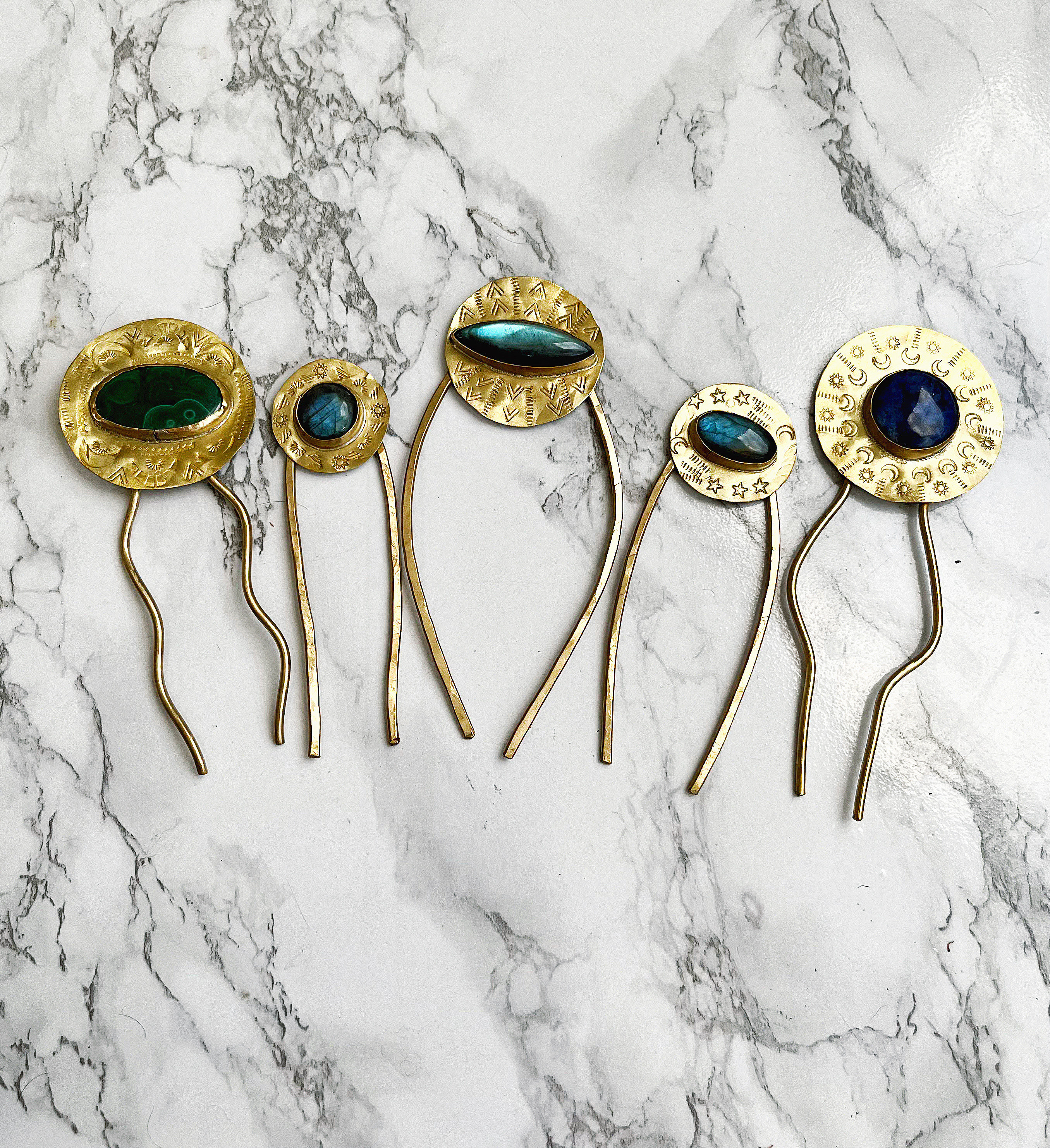Labradorite Large Eclectic Silver Artisan Hair Pin 4.5” Black, Yellow/Gold, Blue Labradorite – Plumb Gold & Plumb Silver main image 3