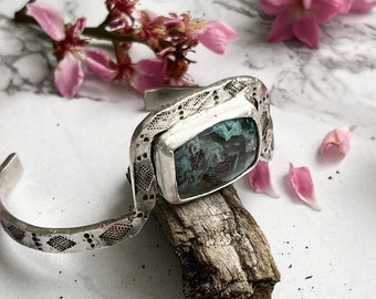 Sterling silver Chrysocolla hand stamped cuff bracelet, bohemian gift for girlfriend, unique southwestern silver cuff