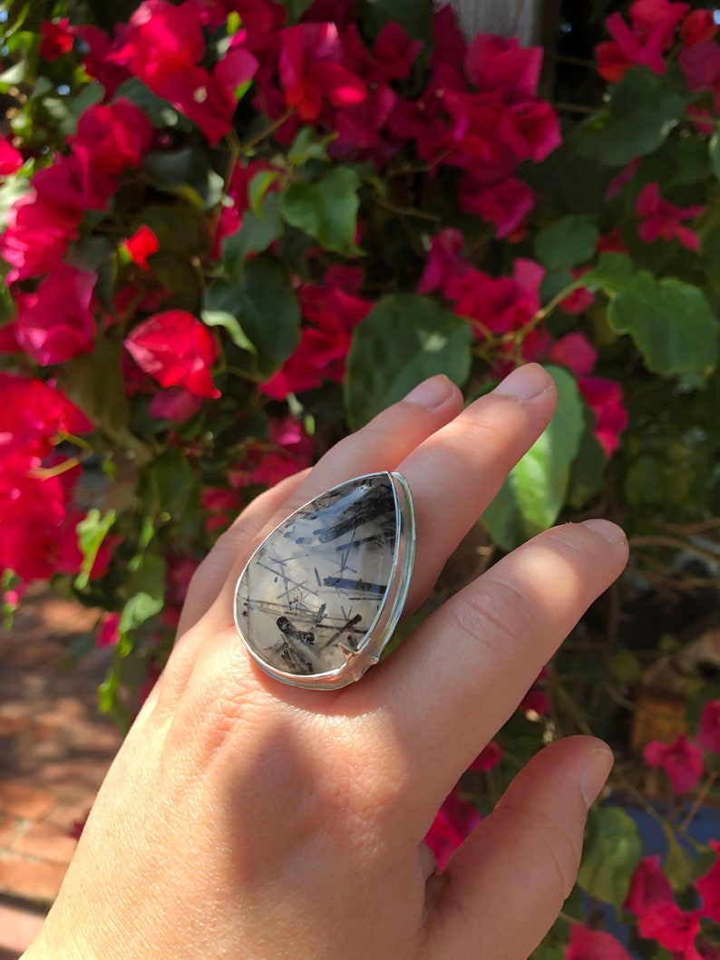 Size 9 Rutilated quartz statement ring, sterling silver star ring, large black teardrop gemstone ring, dark academia ring, goth core jewelry image 4