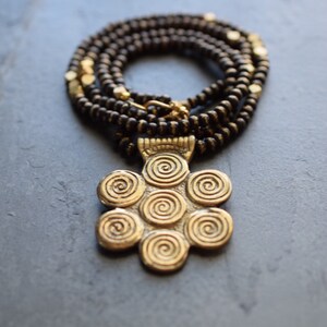 Gold tribal necklace large brass pendant brass boho necklace gold boho necklace painted wood beads