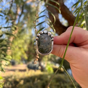 Size 8 Moss Agate Gemstone Ring, Inspired by Nature, Handmade sterling silver ring, unique gift for her, one of a king ring, boho chic ring image 3